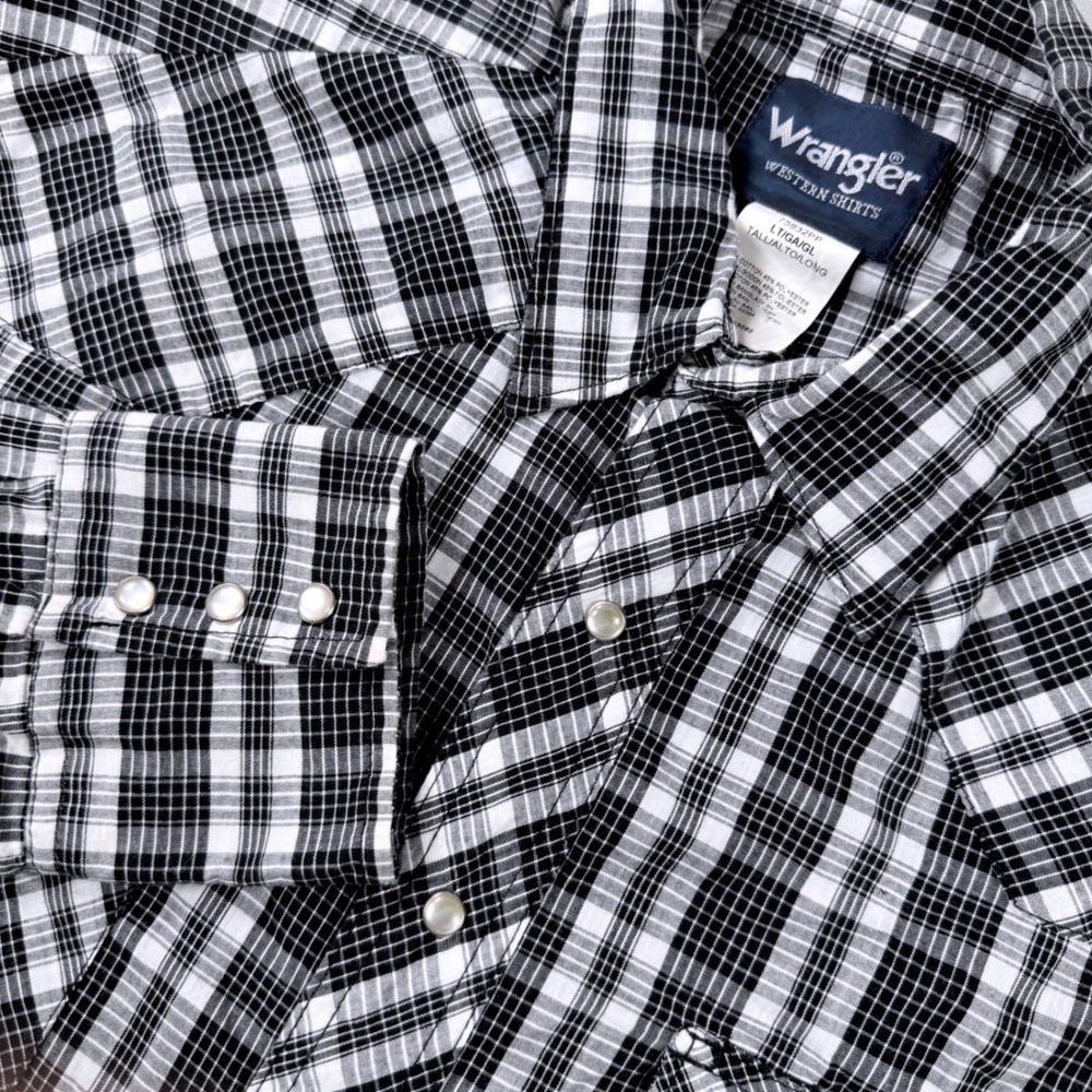 Vintage‎ Wrangler Pearl Snap Shirt Mens Large Tall LT Western Black White Plaid